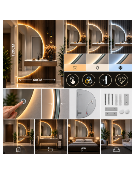 Specchio LED da Parete Senza Cornice 60x120 cm con Luce Tricolore e Controllo Touch – Specchio Moderno Design