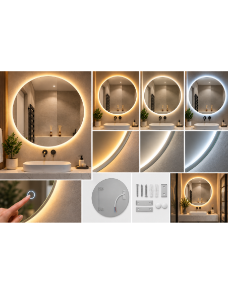 Specchio LED Rotondo da Parete 60 cm Senza Cornice con Luce Tricolore e Controllo Touch – Specchio Bagno Moderno