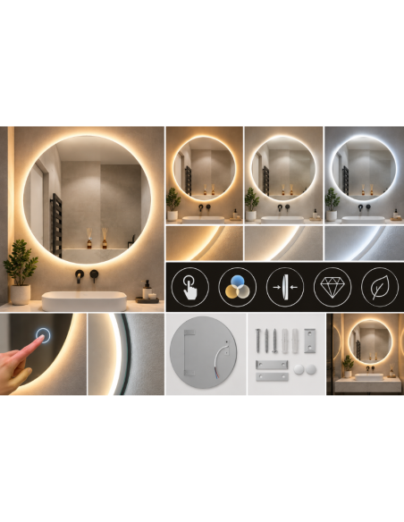 Specchio LED Rotondo da Parete 60 cm Senza Cornice con Luce Tricolore e Controllo Touch – Specchio Bagno Moderno