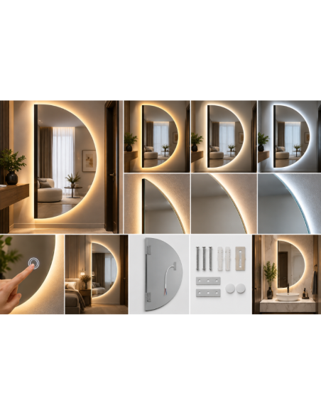 Specchio LED da Parete Semicircolare 50x70 cm Senza Cornice con Luce Tricolore e Controllo Touch – Specchio Moderno