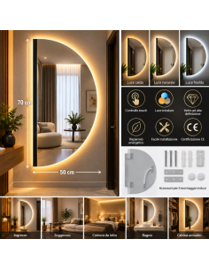 Specchio LED da Parete Semicircolare 50x70 cm Senza... 2
