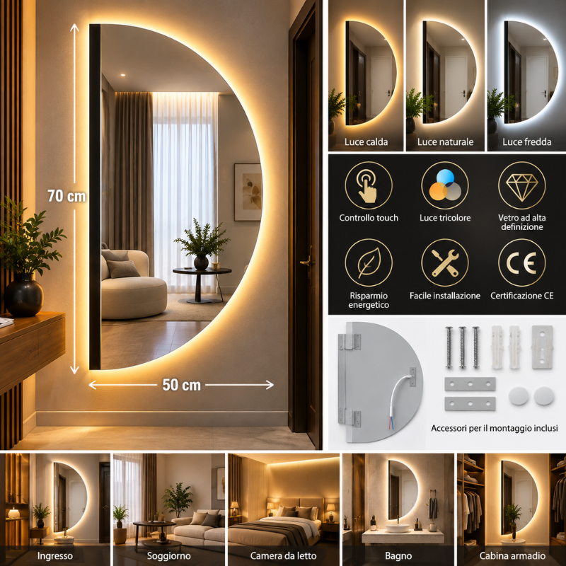 Specchio LED da Parete Semicircolare 50x70 cm...