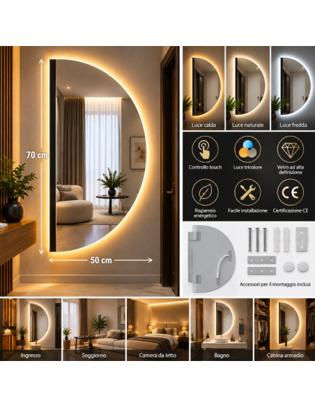 Specchio LED da Parete Semicircolare 50x70 cm Senza Cornice con Luce Tricolore e Controllo Touch – Specchio Moderno