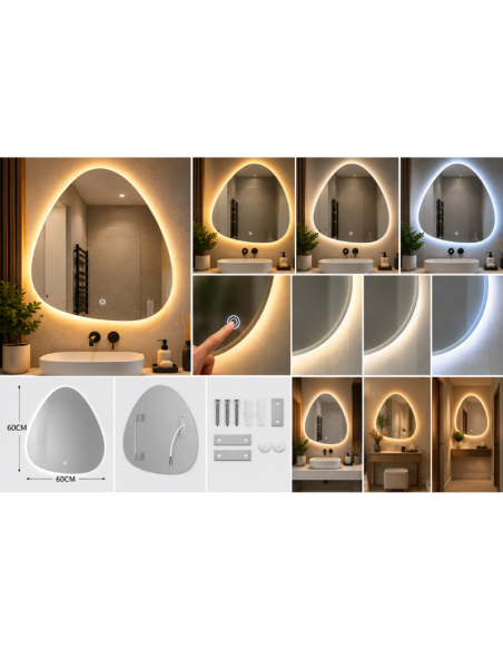 Specchio LED Irregolare 60x60 cm da Parete Senza Cornice con Luce Tricolore e Controllo Touch – Specchio Bagno Moderno