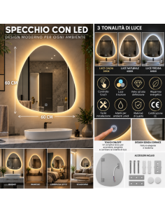 Specchio LED Irregolare 60x60 cm da Parete Senza Cornice... 2