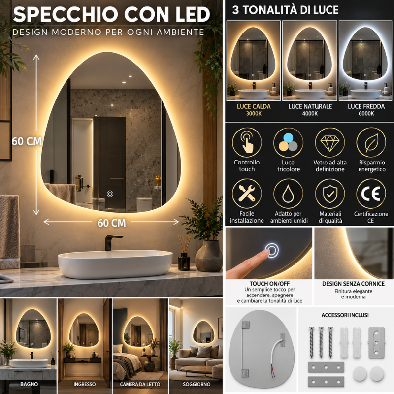 Specchio LED Irregolare 60x60 cm da Parete...