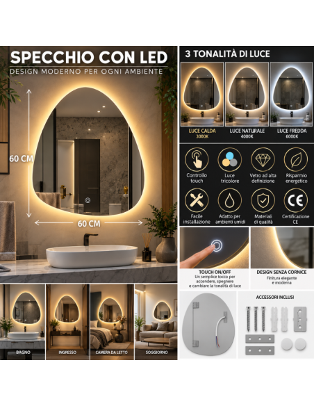Specchio LED Irregolare 60x60 cm da Parete Senza Cornice con Luce Tricolore e Controllo Touch – Specchio Bagno Moderno