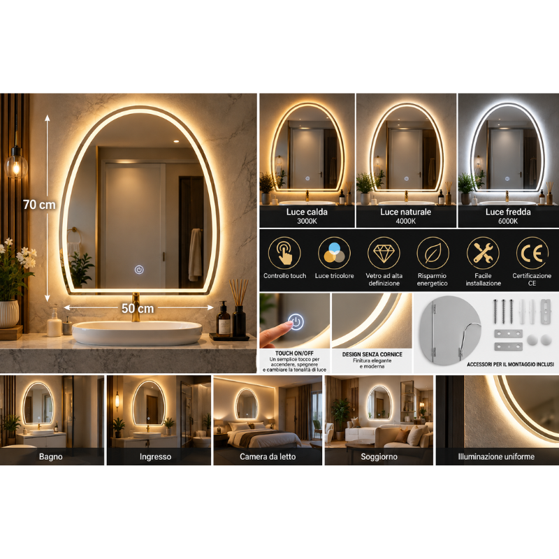 Specchio LED ad Arco 50x70 cm da Parete Senza...