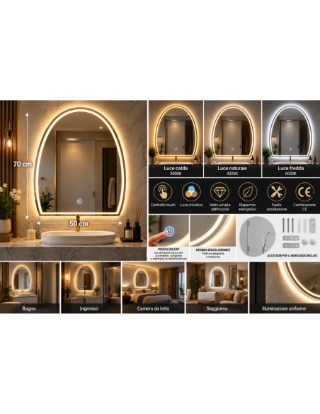 Specchio LED ad Arco 50x70 cm da Parete Senza Cornice con Luce Tricolore e Controllo Touch – Specchio Bagno Moderno