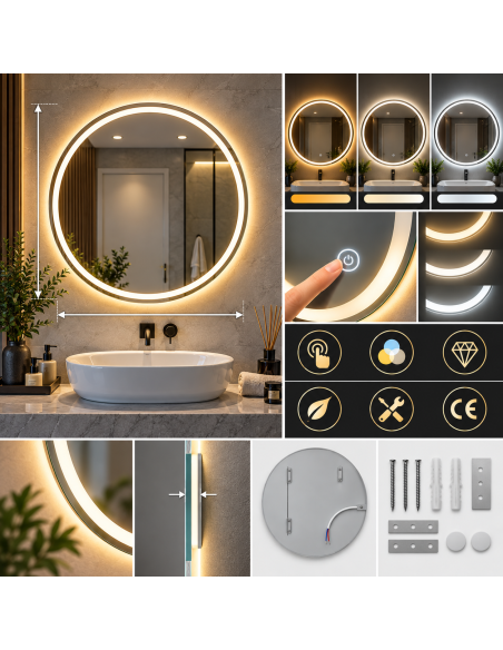 Specchio LED Rotondo 60 cm da Parete Senza Cornice con Luce Tricolore e Controllo Touch – Specchio Bagno Moderno