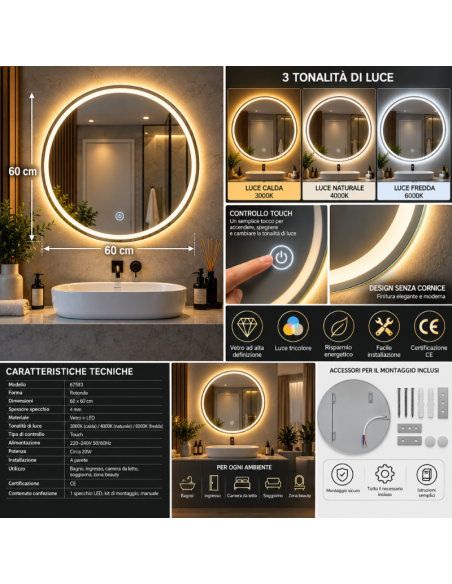 Specchio LED Rotondo 60 cm da Parete Senza Cornice con Luce Tricolore e Controllo Touch – Specchio Bagno Moderno