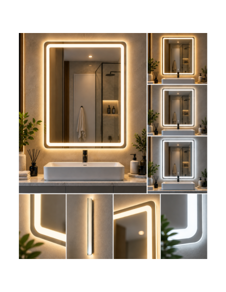 Specchio LED Rettangolare 50x70 cm da Parete Senza Cornice con Luce Tricolore e Controllo Touch – Specchio Bagno Moderno