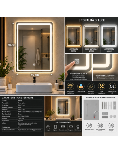 Specchio LED Rettangolare 50x70 cm da Parete Senza Cornice con Luce Tricolore e Controllo Touch – Specchio Bagno Moderno