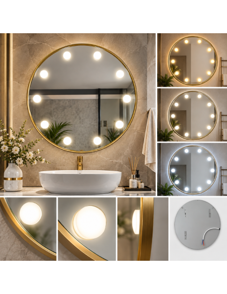 Specchio LED Rotondo 60x60 cm con Cornice Dorata, Luce Tricolore e Controllo Touch – Specchio Bagno da Parete