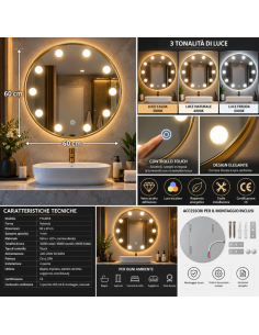 Specchio LED Rotondo 60x60 cm con Cornice Dorata, Luce... 2