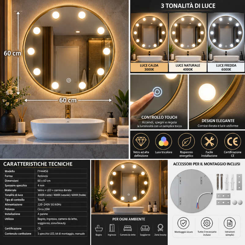 Specchio LED Rotondo 60x60 cm con Cornice...