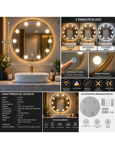 Specchio LED Rotondo 60x60 cm con Cornice Dorata, Luce Tricolore e Controllo Touch – Specchio Bagno da Parete