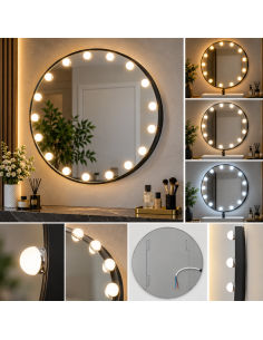 Specchio LED Rotondo 60x60 cm con Cornice Nera, Lampadine...