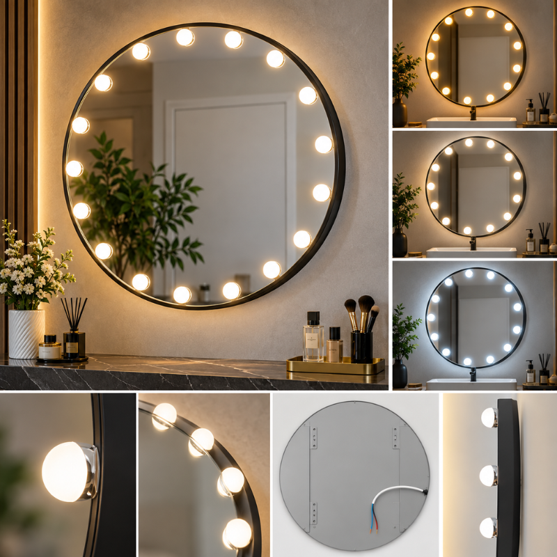 Specchio LED Rotondo 60x60 cm con Cornice Nera,...