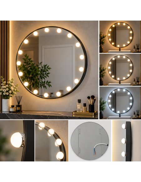 Specchio LED Rotondo 60x60 cm con Cornice Nera, Lampadine LED, Luce Tricolore e Controllo Touch – Specchio Bagno e Trucco