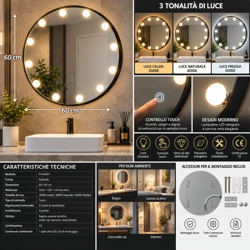 Specchio LED Rotondo 60x60 cm con Cornice Nera,...