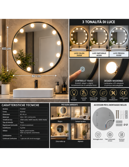 Specchio LED Rotondo 60x60 cm con Cornice Nera, Lampadine LED, Luce Tricolore e Controllo Touch – Specchio Bagno e Trucco
