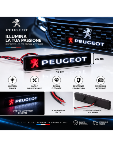 Logo Peugeot LED Bianco 16 cm per Griglia Anteriore Auto – Emblema Luminoso con Staffe di Fissaggio