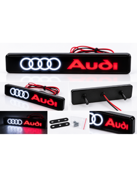Logo Audi LED 16 cm per Griglia Auto – Emblema Luminoso Bianco e Rosso con Staffe di Fissaggio
