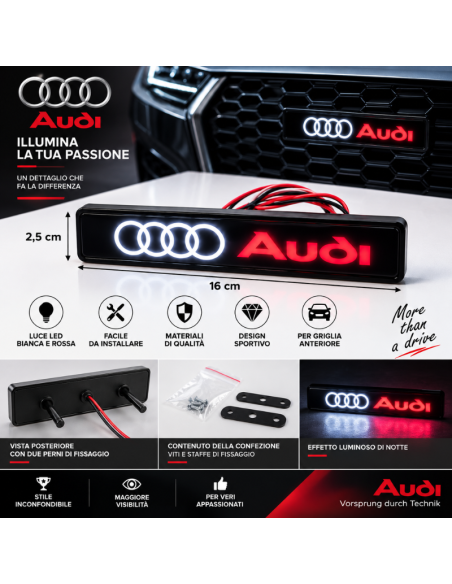 Logo Audi LED 16 cm per Griglia Auto – Emblema Luminoso Bianco e Rosso con Staffe di Fissaggio