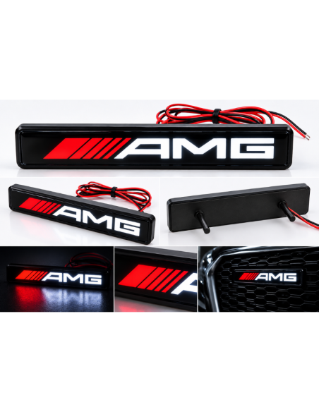 Logo AMG LED 16 cm per Griglia Auto – Emblema Luminoso Bianco e Rosso con Staffe di Fissaggio