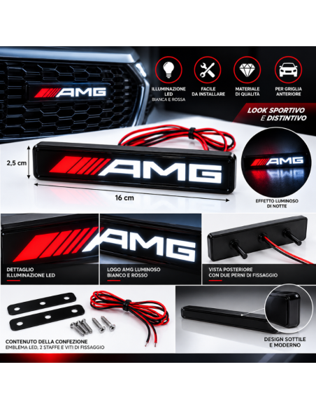 Logo AMG LED 16 cm per Griglia Auto – Emblema Luminoso Bianco e Rosso con Staffe di Fissaggio