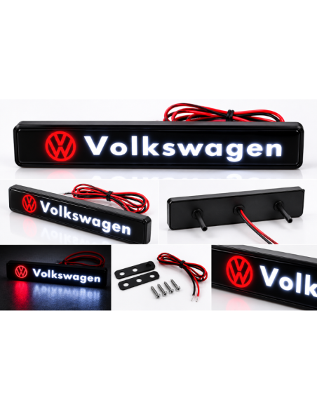 Logo Volkswagen LED 16 cm per Griglia Auto – Emblema Luminoso Bianco e Rosso con Staffe di Fissaggio