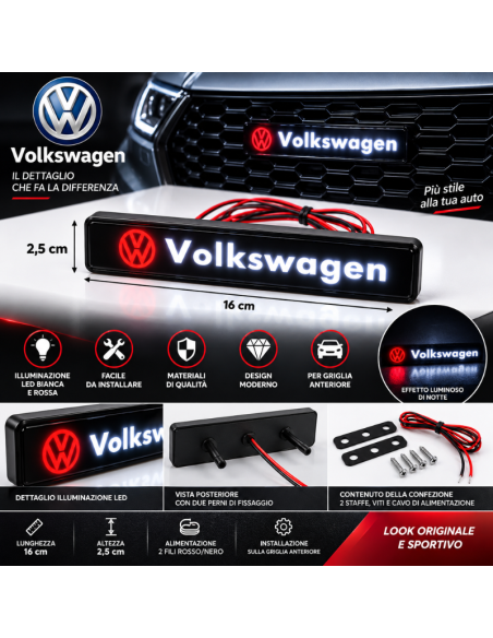 Logo Volkswagen LED 16 cm per Griglia Auto – Emblema Luminoso Bianco e Rosso con Staffe di Fissaggio