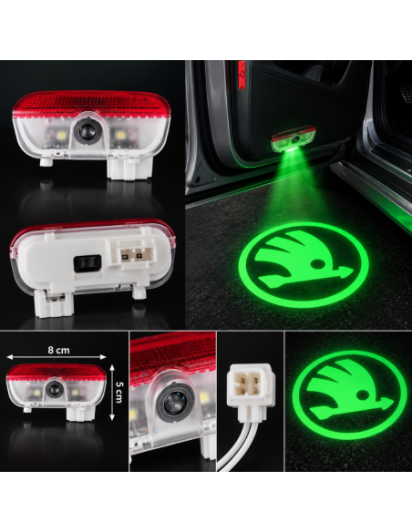 2x Luci Sottoporta LED Skoda con Proiettore Logo Verde – Luci Portiera Plug & Play 8x5 cm