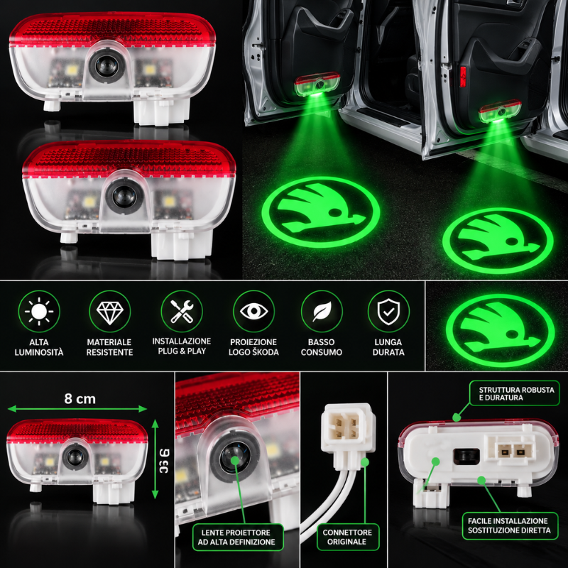 2x Luci Sottoporta LED Skoda con Proiettore...