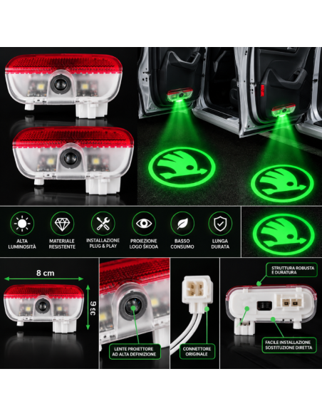 2x Luci Sottoporta LED Skoda con Proiettore Logo Verde – Luci Portiera Plug & Play 8x5 cm