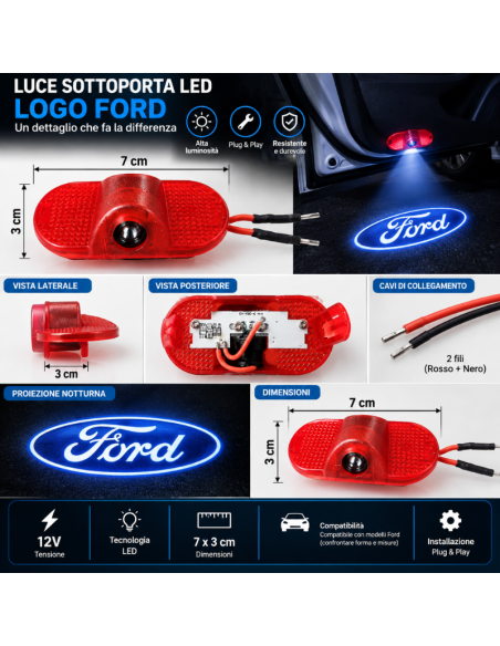 2x Luci Sottoporta LED Ford con Proiettore Logo – Luci Portiera Plug & Play 7x3 cm