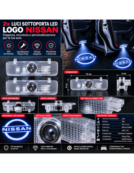 2x Luci Sottoporta LED Nissan con Proiettore Logo – Luci Portiera Plug & Play 10x4 cm