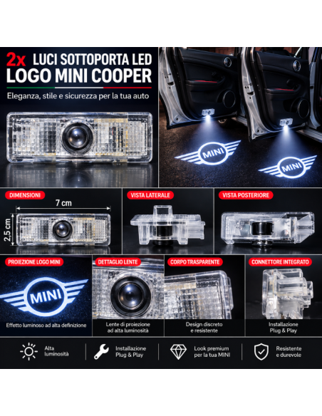 2x Luci Sottoporta LED MINI Cooper con Proiettore Logo – Luci Portiera Plug & Play 7x2,5 cm