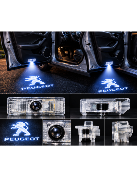 2x Luci Sottoporta LED Peugeot con Proiettore Logo e Scritta – Luci Portiera Plug & Play 7x3 cm