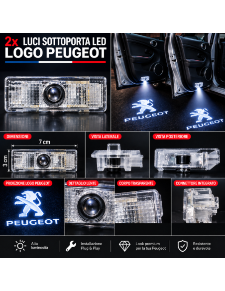 2x Luci Sottoporta LED Peugeot con Proiettore Logo e Scritta – Luci Portiera Plug & Play 7x3 cm