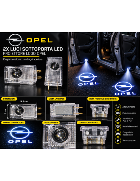 2x Luci Sottoporta LED Opel con Proiettore Logo – Luci Portiera Plug & Play 5,5x3 cm