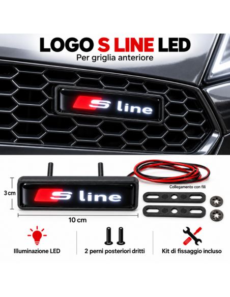 Logo S Line LED per Audi – Stemma Luminoso per Griglia Anteriore 10x3 cm, 1 Pezzo