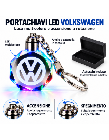 Portachiavi LED Multicolore con Logo Volkswagen VW e Astuccio