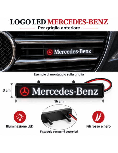 Logo LED Mercedes-Benz – Stemma Luminoso per Griglia Anteriore 16x3 cm, 1 Pezzo