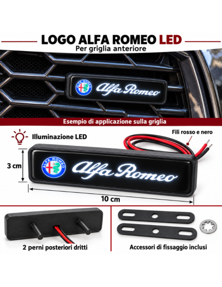 Logo LED Alfa Romeo – Stemma Luminoso per Griglia Anteriore 10x3 cm, 1 Pezzo