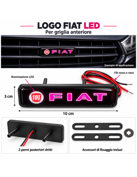 Logo LED Fiat – Stemma Luminoso per Griglia Anteriore 10x3 cm, 1 Pezzo