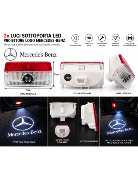 2x Luci Sottoporta LED Mercedes-Benz con Filo Proiettore Logo e Scritta – Luci Portiera 7x5 cm
