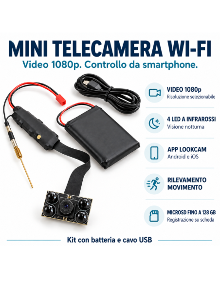 Mini Telecamera Wi-Fi 1080p con Visione Notturna, App LOOKCAM e Batteria