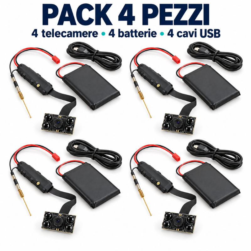 Dotazione del kit Andmonc: quattro moduli mini telecamera con obiettivo, quattro batterie esterne e quattro cavi USB